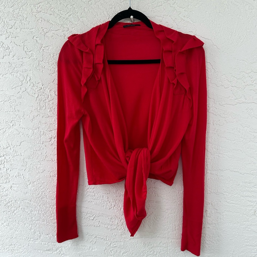 Elie Tahari Merino Wool Cardigan Red Small Ruffled Collar Cropped